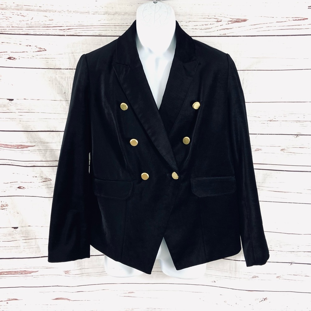 Chicos Jacket Women’s 2 US L/12 Black Velvet Blazer  Double Breasted Gold Button